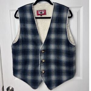 True Grit Vintage Vest 100% Wool Lined Blue Plaid Vest Button Closure Size XL